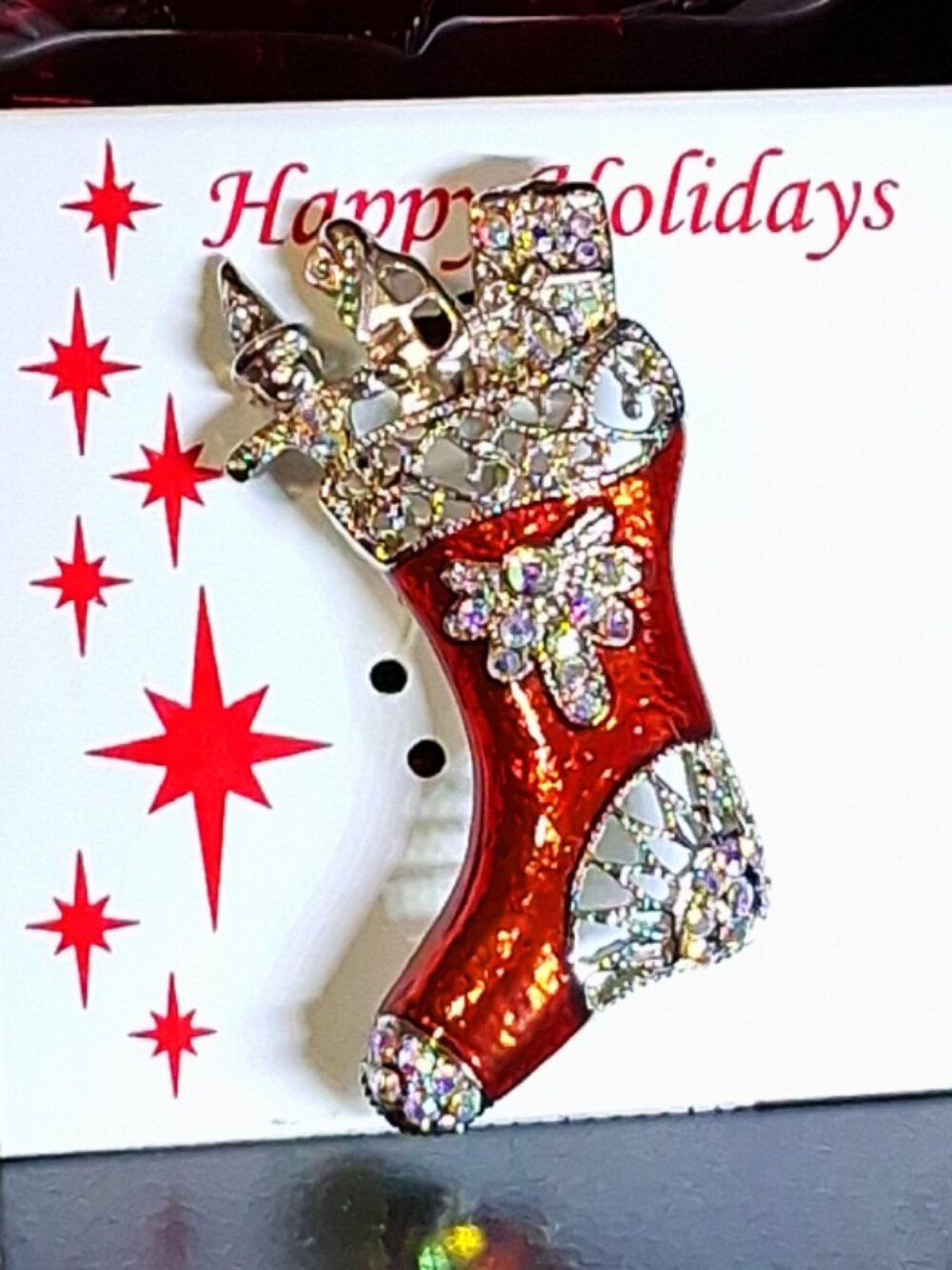 Red Enamel & Rhinestones Silver-Tone Christmas Stocking Lapel Pin, Kmart 2009